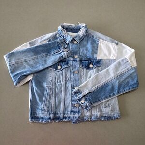 Vervet Los Angeles Oversized Crop Fit Patchwork Denim Jacket Blue White XS